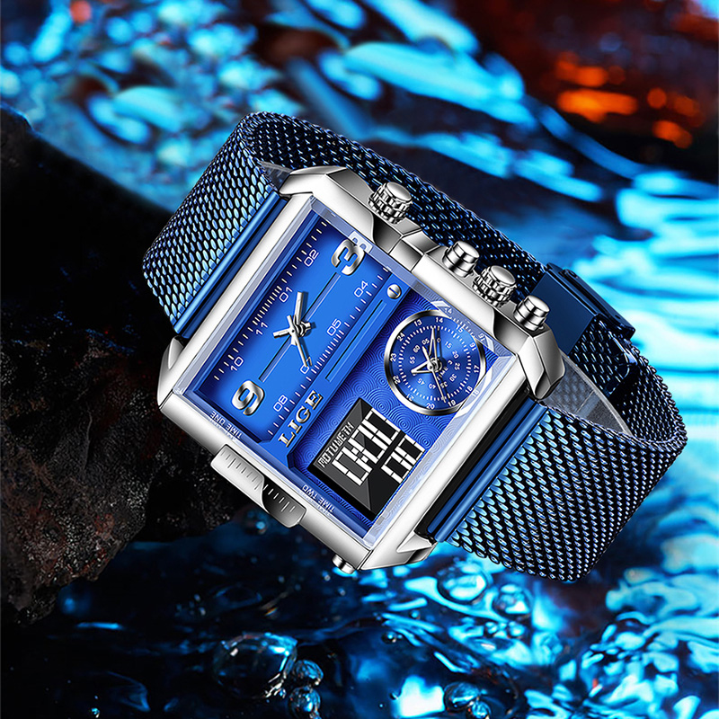LIGE New Men's Quartz Watch Waterproof Sports Electronic Digital Clock Multi functional Electronic Alarm Clock Student Watch
