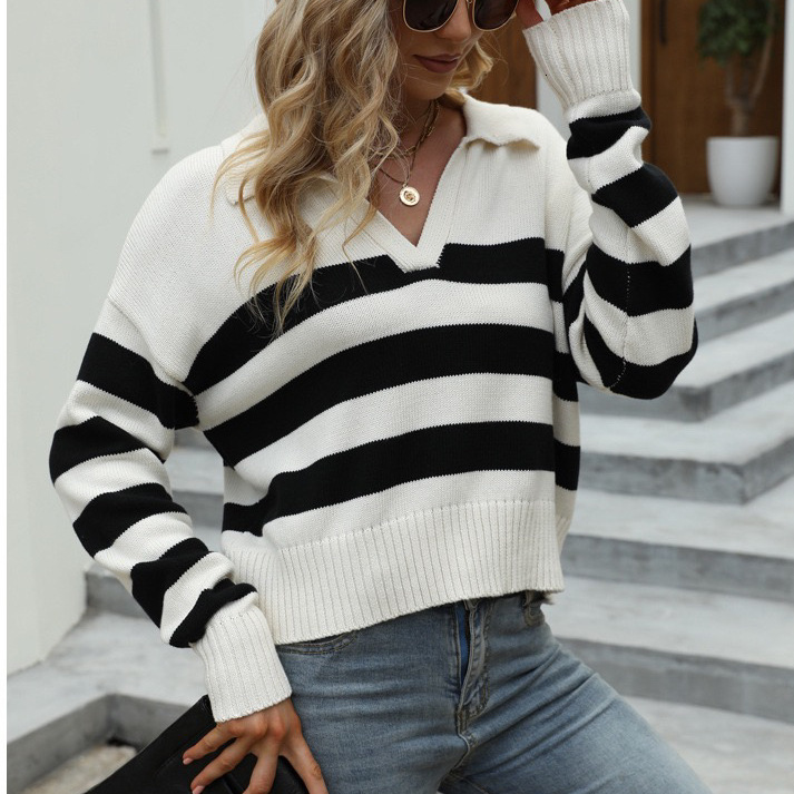 2024 autumn and winter new long sleeved POLO collar knitted top women, loose striped contrasting pullover sweater for women dongdumaoyi