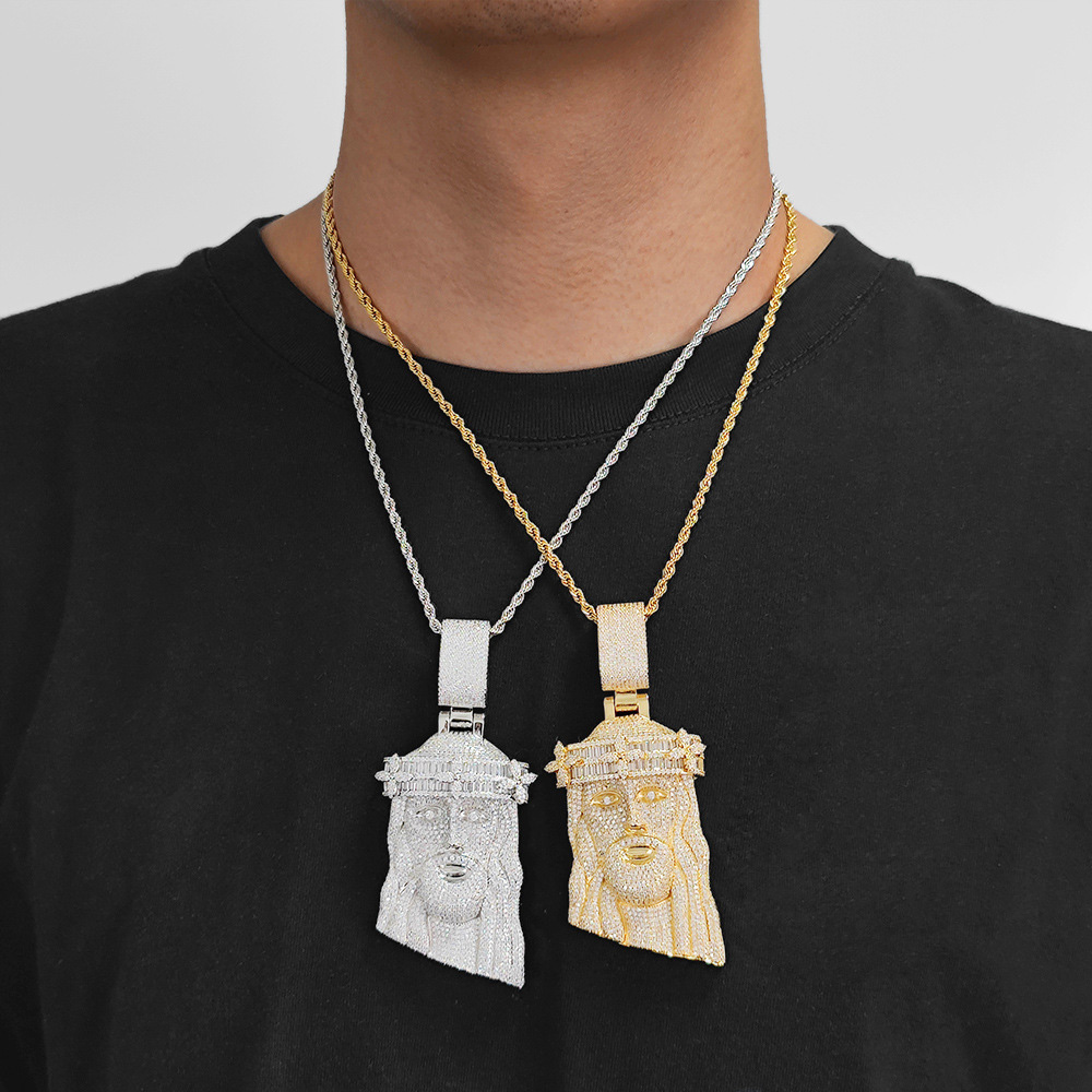 Hip Hop Jesus Face Pendant Necklace T Square Zircon 18k Real Gold Plated Mens Jewelry