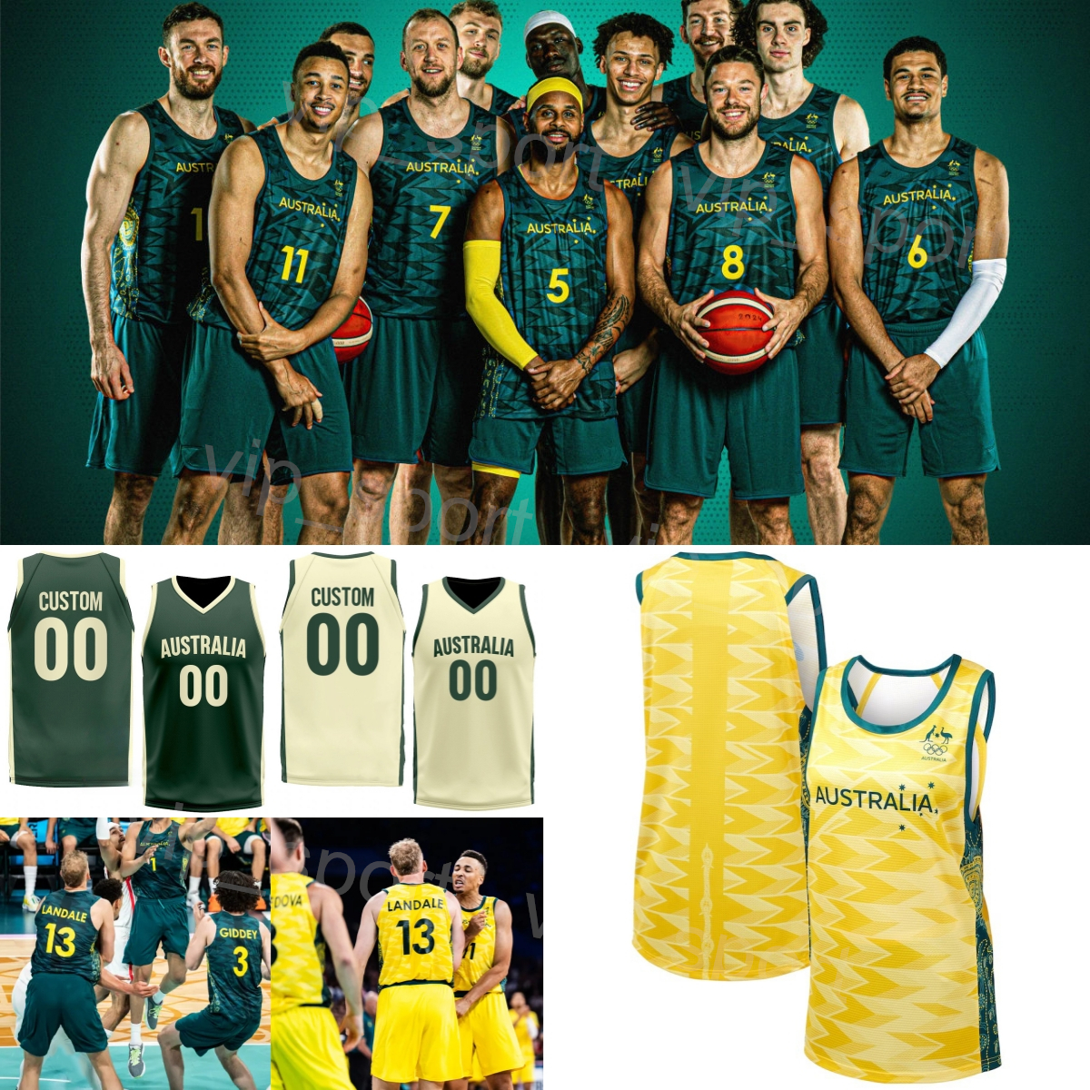 Printed Aussie Boomers Basketball Australia Jerseys 13 Jock Landale 1 Daniels 5 Patty Mills 3 Josh Giddey 15 Nick Kay 11 Dante Exum Green Green Yellow Sport 2024 2025