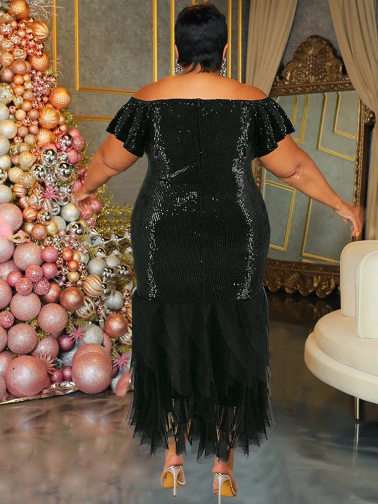Elegant Dresses for Curvy Women for Evening Party Mesh Hem Black Sequin Dress Off The Shoulder Sexy Vintage Dress Plus Size 240810