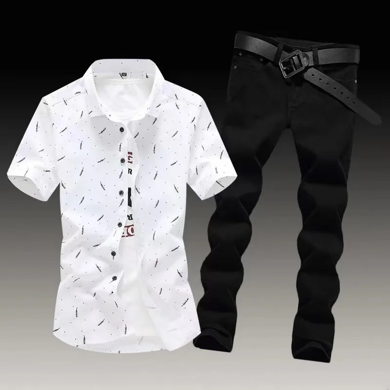 Mens full set of teenage trend casual suit mens slim fit short sleeved shirt mens jeans matching set240809