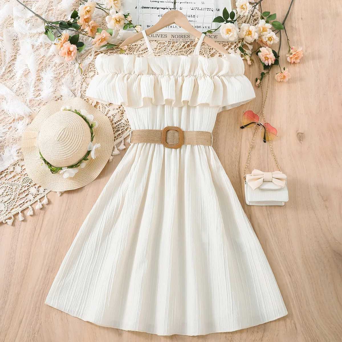 Girls casual dress single line shoulder strap patchwork lace dress childrens clothing girls aged 8 to 12 princess dress W250326