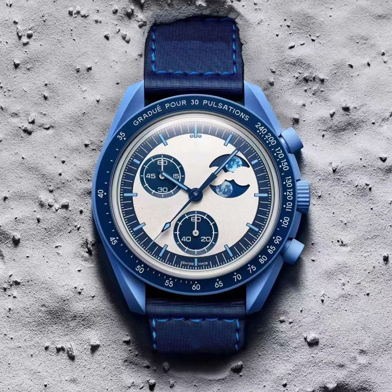 NEW Men's watch Multi-function watch Earth Mission New Panda Blue Moon Phase Blue watch color matching quartz watch for men and women