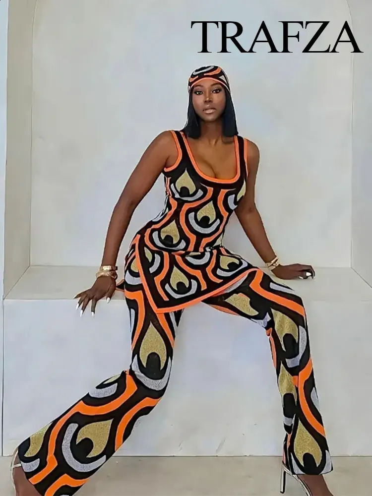 TRAFZA 2024 Spring 2piece Womens Knitted Printed High Waist Slimming Mini DressElastic Straight Wide Pants 240809