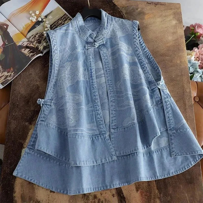 Spring Autumn Ladies Buckle Loose Joker Fashion Denim Vest Coat Vest Sleeveless Cardigan Comfortable Solid Color Casual Coat 240813