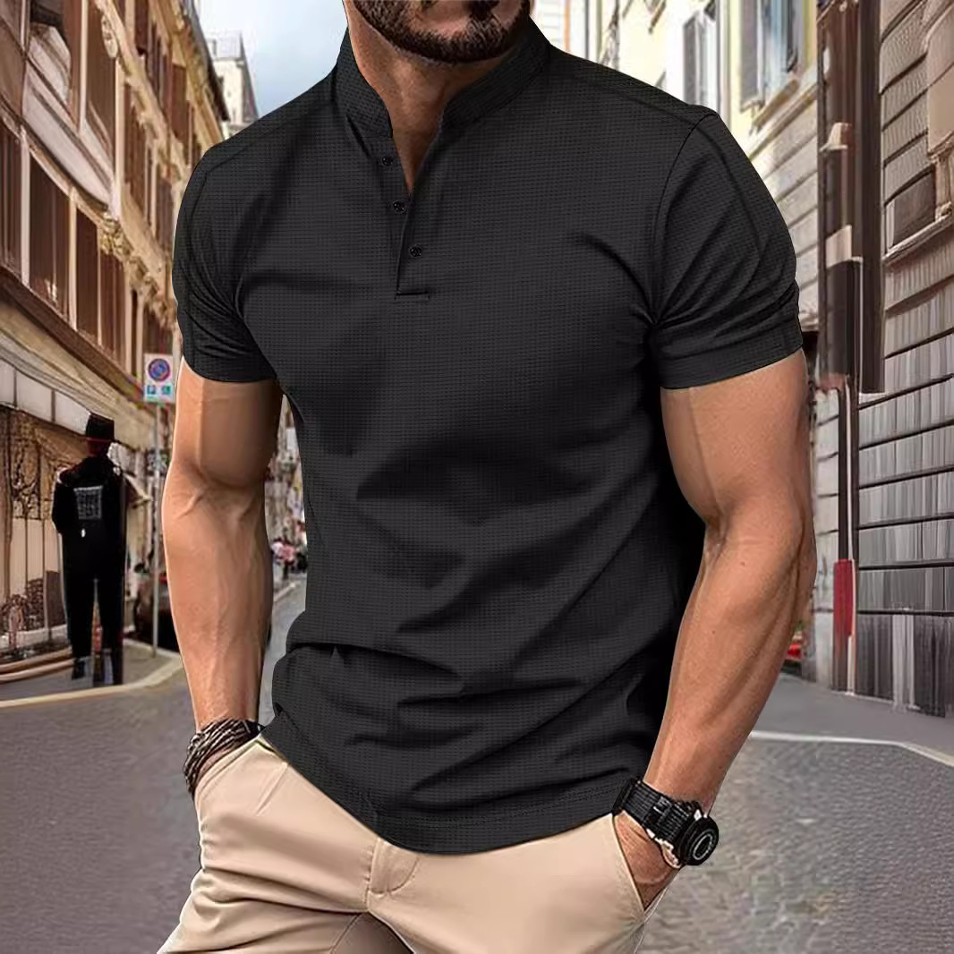 Mens Short Sleeved Stand Up Collar Waffle Henry Collar Casual Short Sleeved Polo Shirt