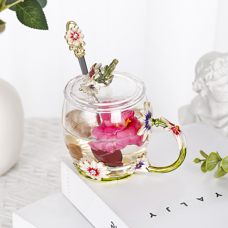 Chrysanthemum coffee cup Round enamel color water cup high temperature resistant crystal glass light luxury transparent tea cup