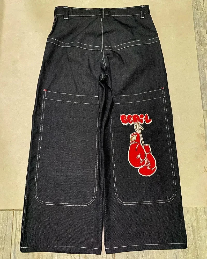 Y2K JNCO high quality Embroidered Hip Hop baggy jeans Tribal Jeans Gothic Streetwear Harajuku Black Pants Waist Wide Leg Trouser 240809