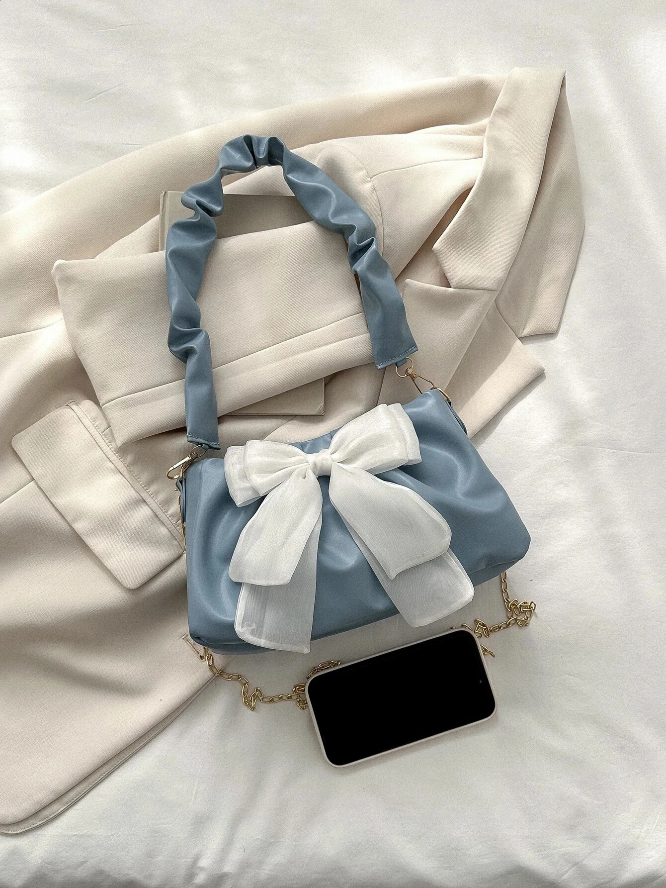 Cute Kawaii Moire bow decoration Ruched bag lightweight business casual handbag womens fashionable shoulder 240809Z