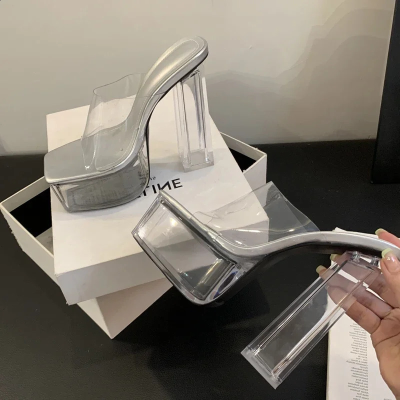 Eilyken Street Style PVC Transparent Slippers Women Chunky Platform Square Toe Crystal High Heels Banquet Slides Shoes 240809