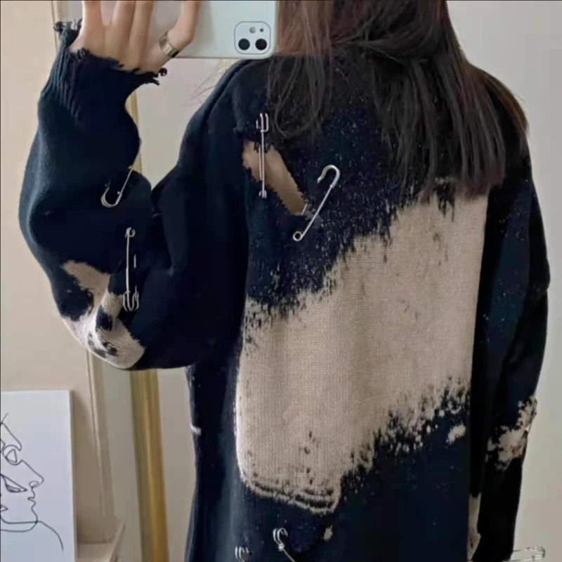 KOSAHIKI Tie Dye Pins Ripped Holes Knitting Sweaters Hip Hop Streetwear Pullover Harajuku Loose Black Tops Vintage Jumpers 240812
