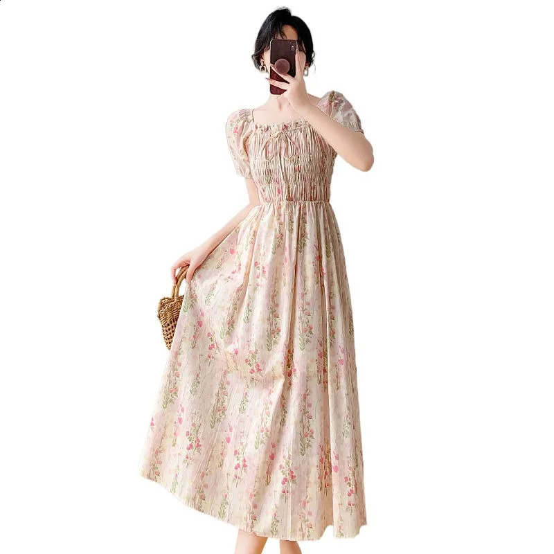 Puff Sleeve Square Neck Floral Print Maiden Prairie Chic Dresses Small Womens Tea Break French Tight Calf Length Long Skirt 240810
