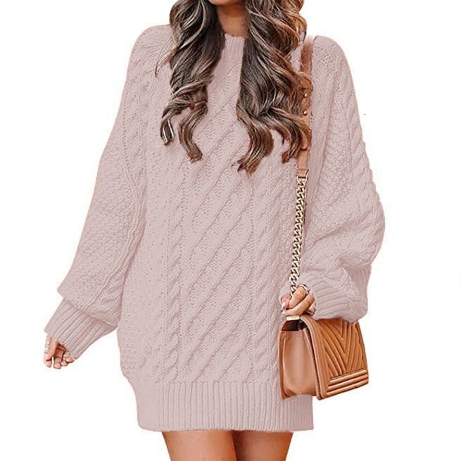 Women's round neck long sleeved large silhouette twisted flower knitted thick needle pullover, medium length warm sweater, women's dress don