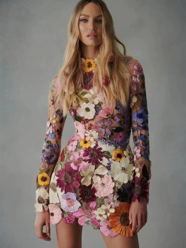Eshin Floral Dress Women Autumn Embroidery 3D Flowers Long Sleeve Evening Party Lady Mini Dresses Half High Collar TH7796 240810