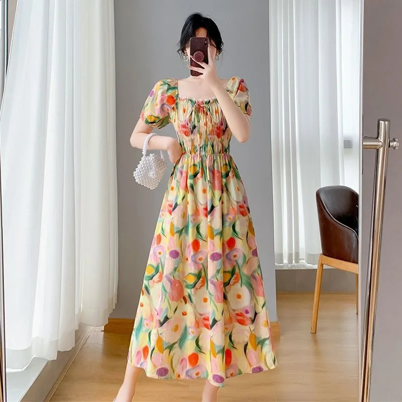 Puff Sleeve Square Neck Floral Print Maiden Prairie Chic Dresses Small Womens Tea Break French Tight Calf Length Long Skirt 240810