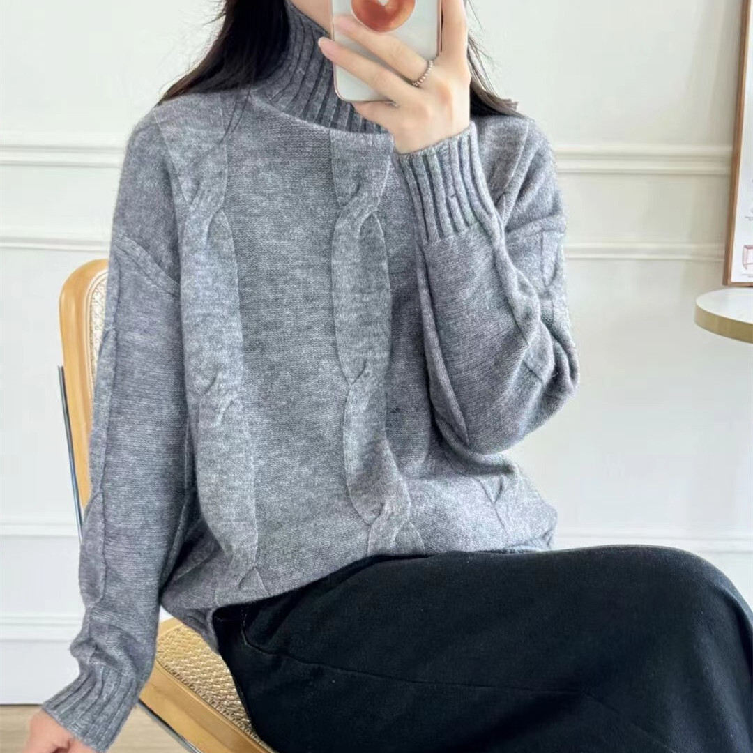 Wind Fried Dough Twists High Collar Pullover Sweater Autumn and Winter New Style Solid Color Broken Knit Undercoat for Women dongdumaoyi
