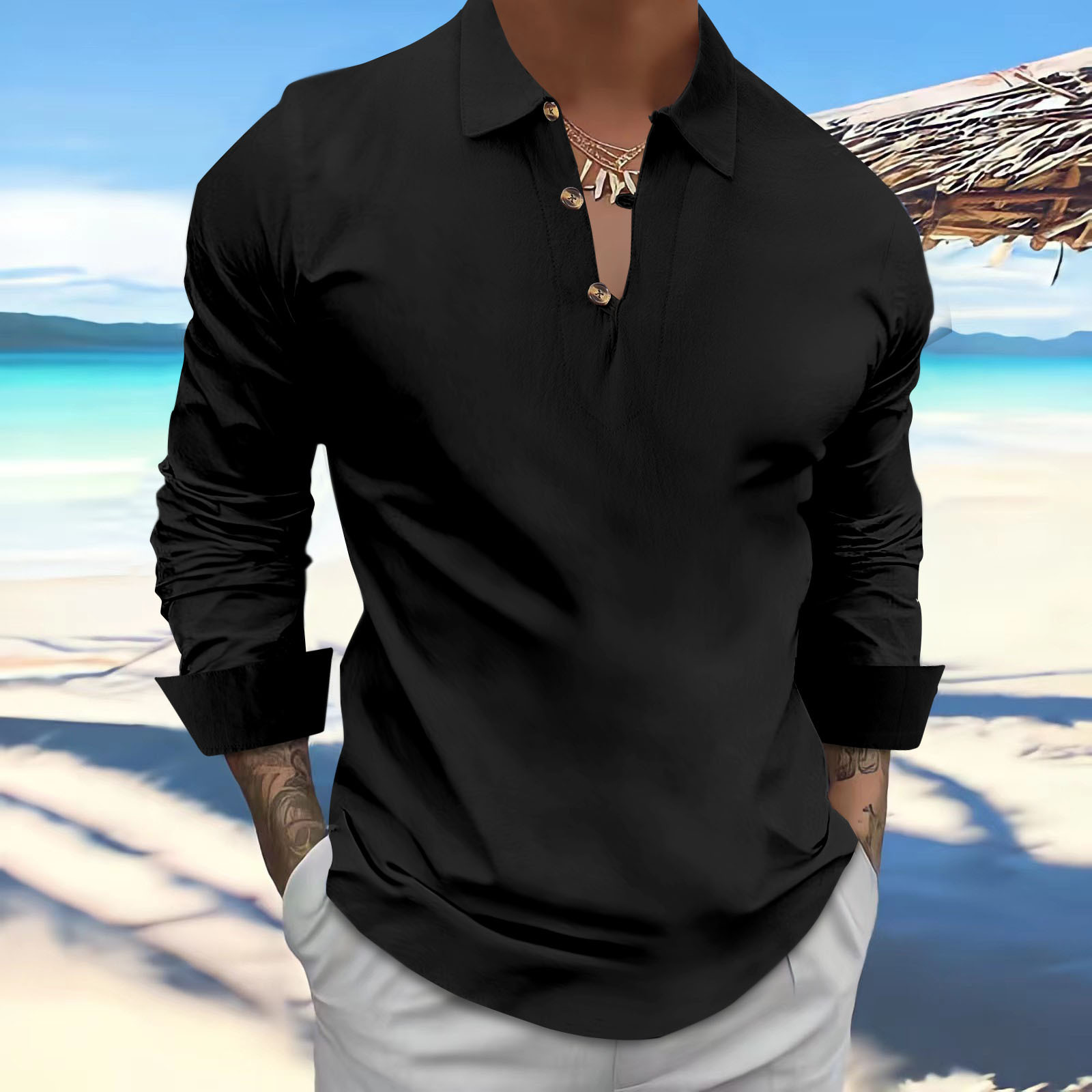 Spring and Summer Mens Long Sleeved Cotton and Linen Lapel Button Casual Polo Shirt
