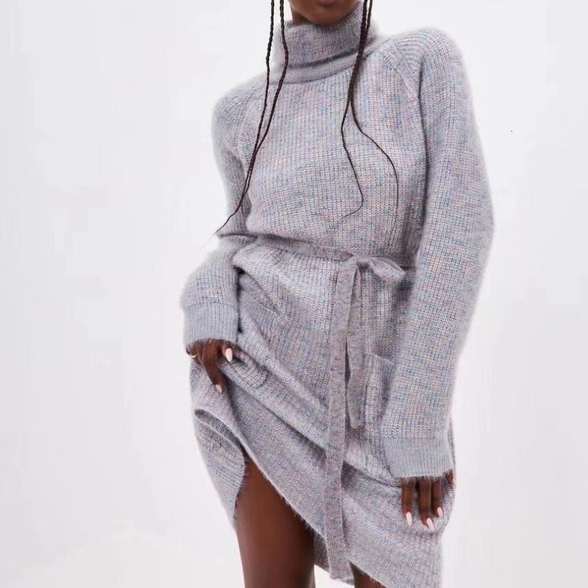 Women's mid to long length strap dress, solid color high neck pocket pullover knit sweater, women's 2024 autumn/winter new collection dongdu