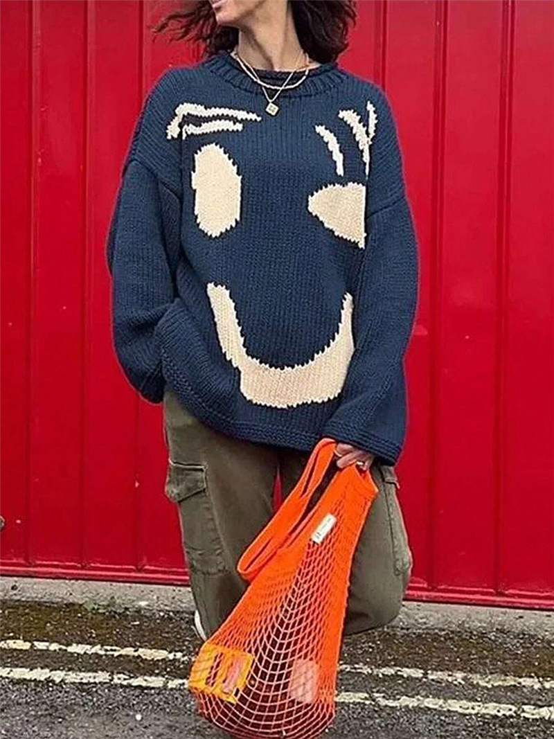 New Smiley Face Contrasting Color Loose Slimming Round Neck Knitted Sweater Womens Top