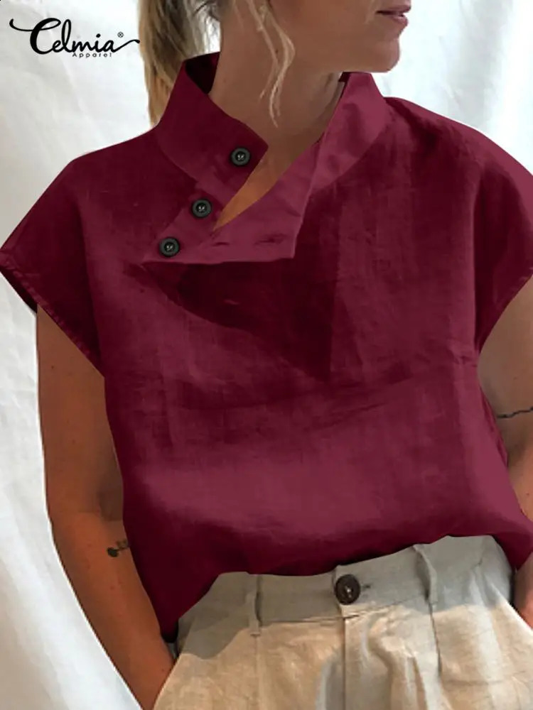 Celmia Summer Cotton Linen Blended Womens 2024 Fashion Turtle Neck Short Sleeve Shirt Lightweight Breathable Tuned Top Oversized 240809