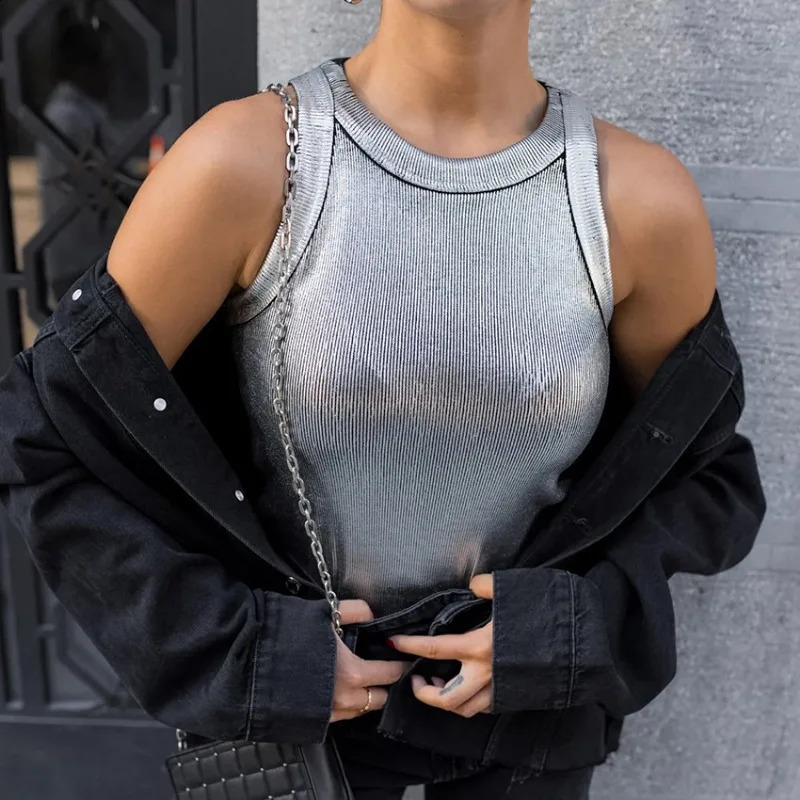 Spring Womens Fashionable Ultra Thin Silver Floral Casual Knitted Tank Top Warm Elegant Sleeveless Tshirt 240809
