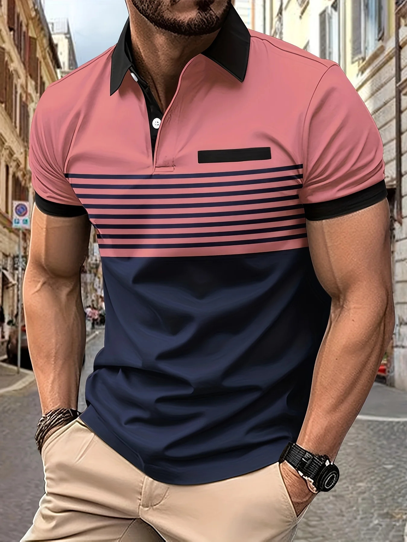 Fashion Mens Polo Tshirt Vintage Summer Men Clothing Stripe Color Blocking Casual Short Sleeve Loose Sweatshirt Street Tops 240816