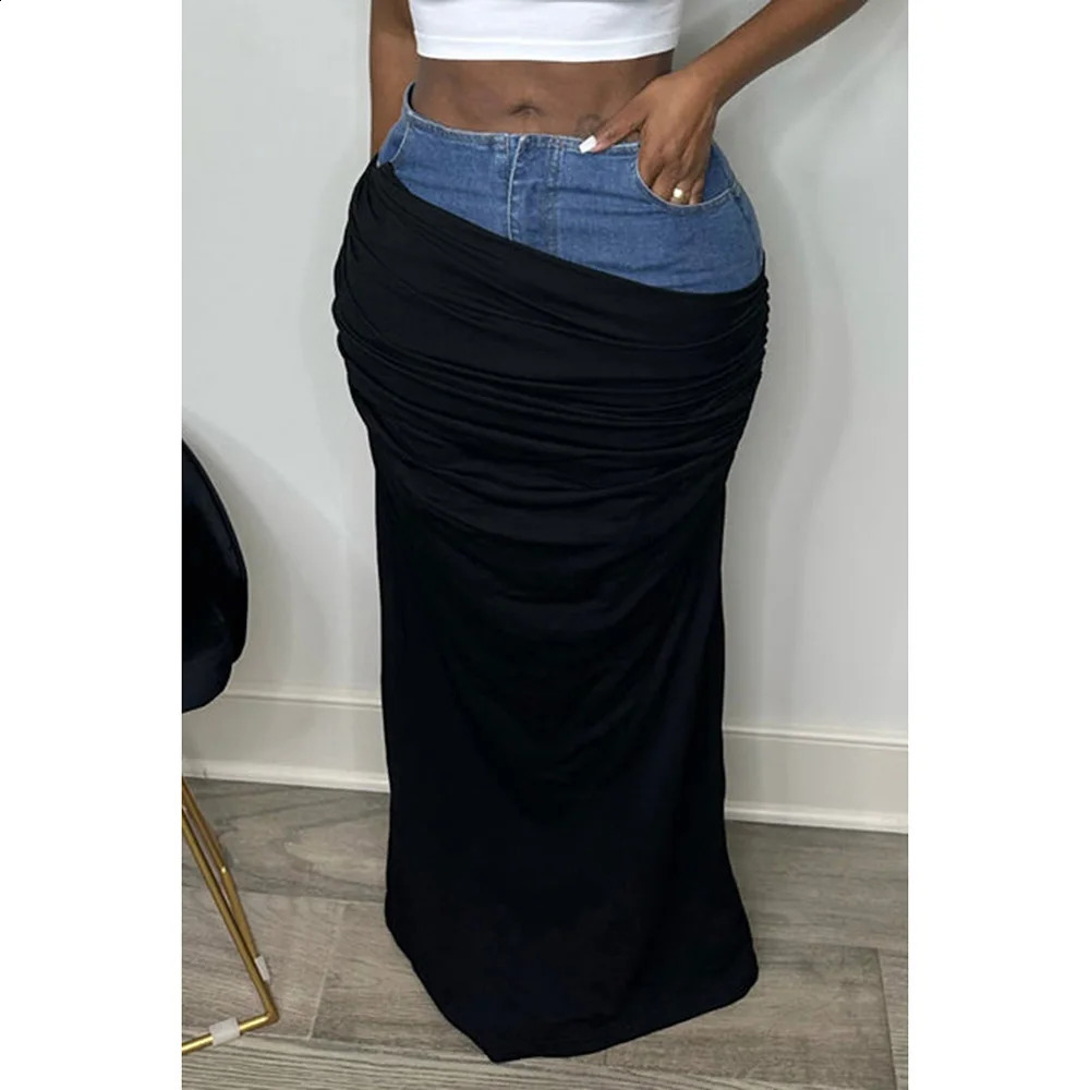 Plus Size Womens Skirts Four Seasons Black Casual Denim Stitching Pleated Comfortable and Fashionable Skirt 240810