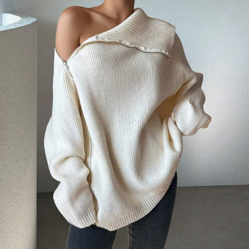 Sweater Womens Autumn/winter Womens New Loose Medium Long Style Lazy Wind Side Zipper Collar Knitted Sweater Women