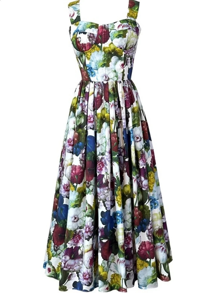 Summer Holiday Print Party Flower Dress Womens Cotton Padded Spaghetti Strap Zipper Elastic Backless Midi Boho Robe Vestidos 240810
