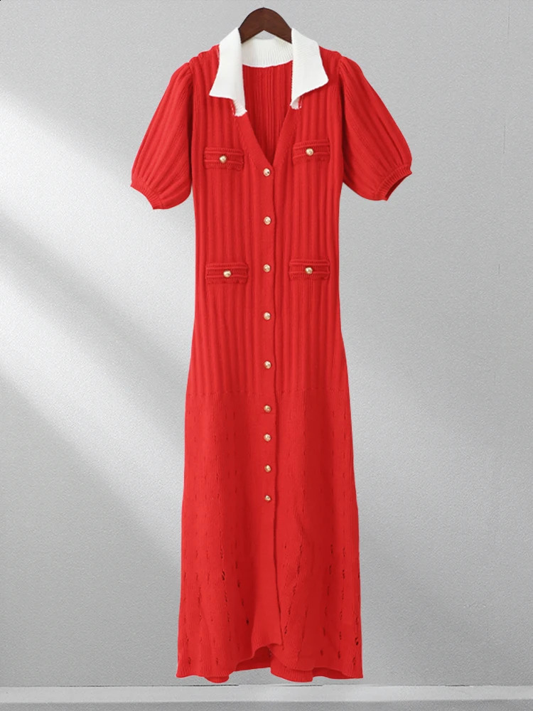 Contrast Single Breasted Knitted Dress For Women Elegant Lapel Short Sleeve Hollow Out Dresses Chic Female High Street Vestidos 240816