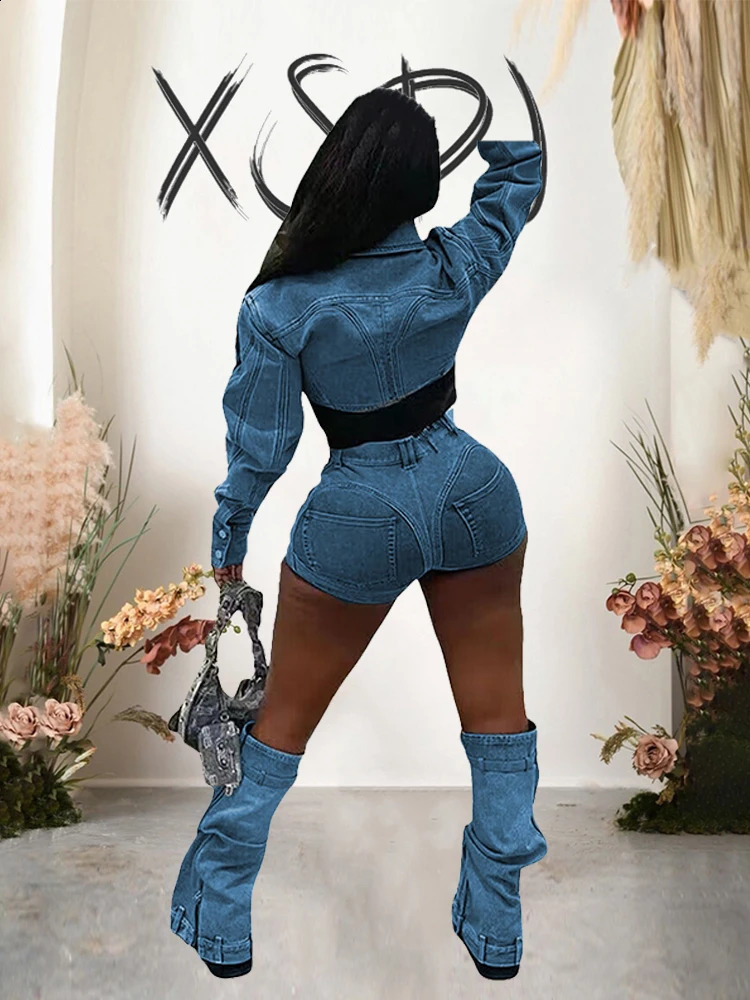 Sets for Women 2 Pieces Autumn Stretchy Denim Set Long Sleeve Top and Shorts Sexy Y2k Outfits Set Bulk Wholesale 240810