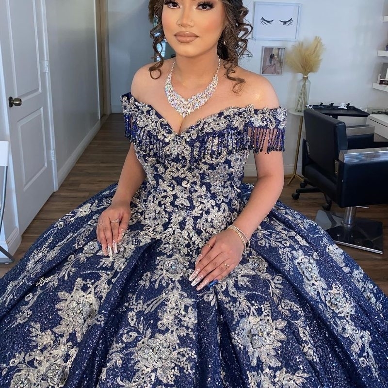 Navy Blue Quinceanera Dresses Ball Gown Off The Shoulder Appliques Lace Beads Vestidos De 15 Formal Princess Party Birthday Sweet 16
