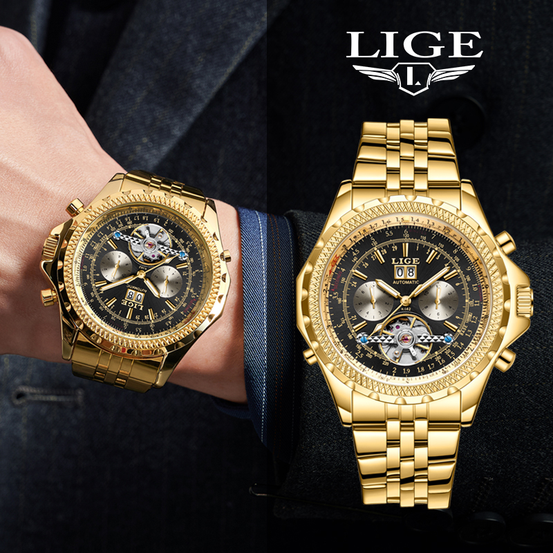 LIGE Youth fashion Mechanical Watch Men's waterproof watch Holiday Gift Luxury brand watch Multi-functional mechanical watch Calendar week