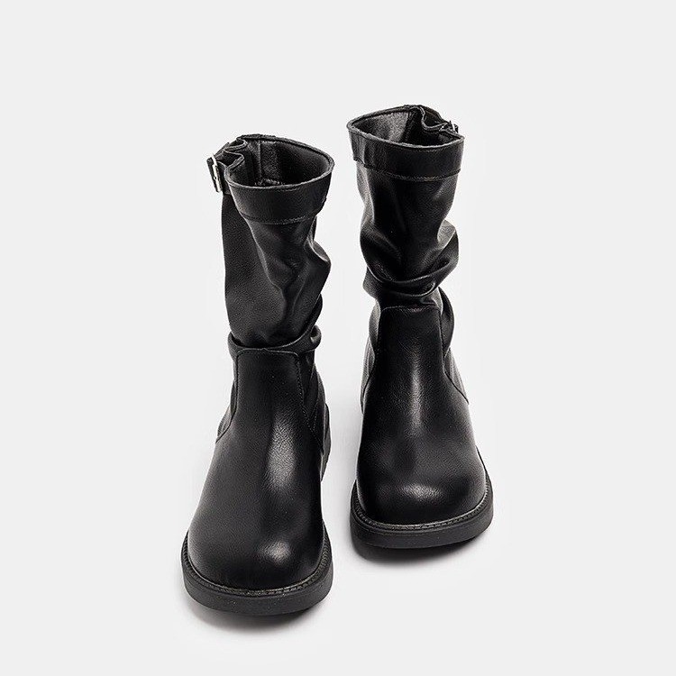 Korean Style Spring/Autumn Brown Round Toe Pleated Mid Calf Martin Boots.
