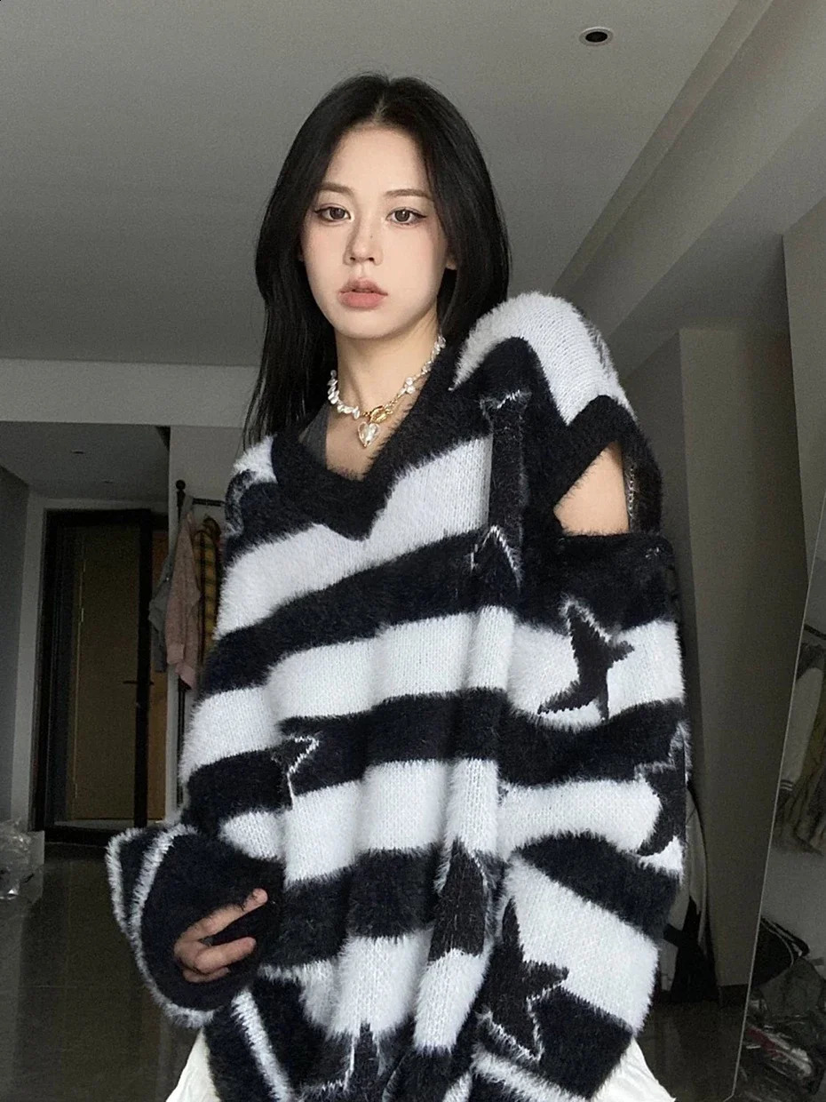 Y2K Harajuku Mall Goth Striped Sweater Women Streetwear Emo Alt Fairy Pentagram Removable Sleeve V-neck Loose Warm Knitwear 240812