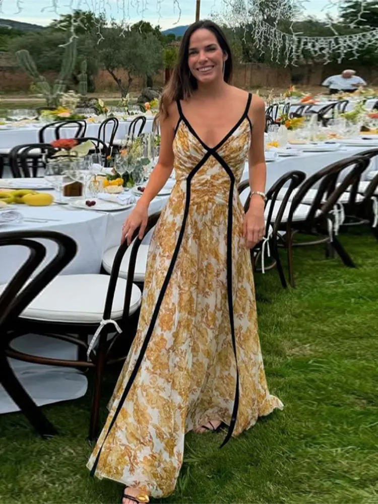 Women Sexy Print Patchwork Sling Dress Fashion V-neck Backless Sleeveless Maxi Dresses Summer Lady Party A-line Robes 240810