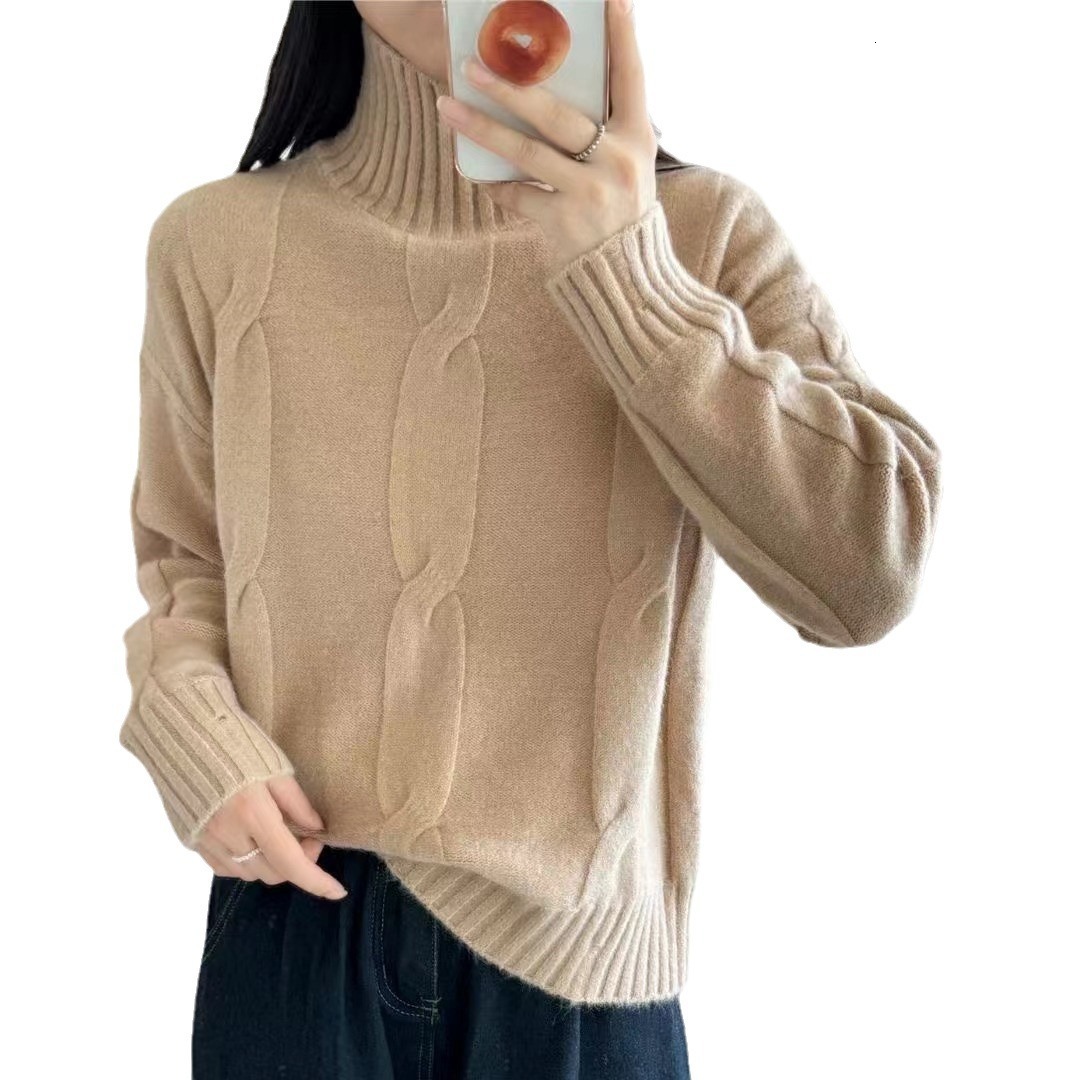 Wind Fried Dough Twists High Collar Pullover Sweater Autumn and Winter New Style Solid Color Broken Knit Undercoat for Women dongdumaoyi