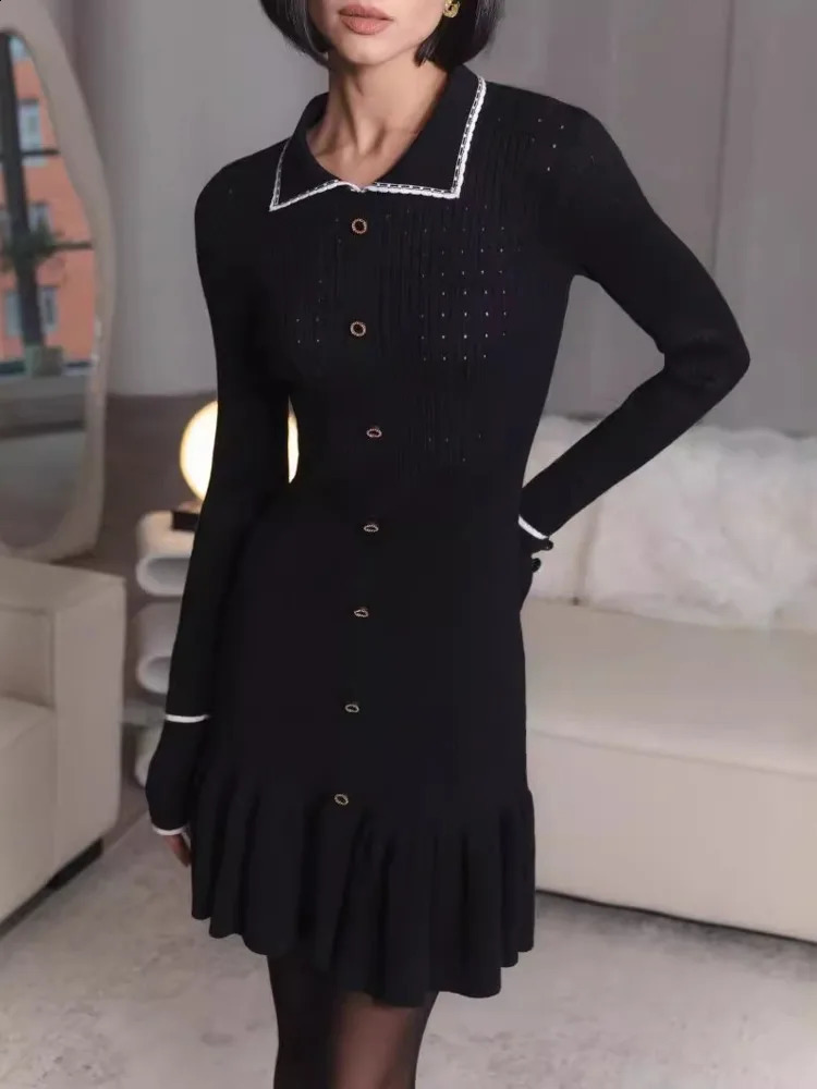 Mozision Autumn Long Sleeve Knit Dress For Women Fashion Lapel Single-btrasted Button High Waist Ruffled Mini Dress Knitwear 240819