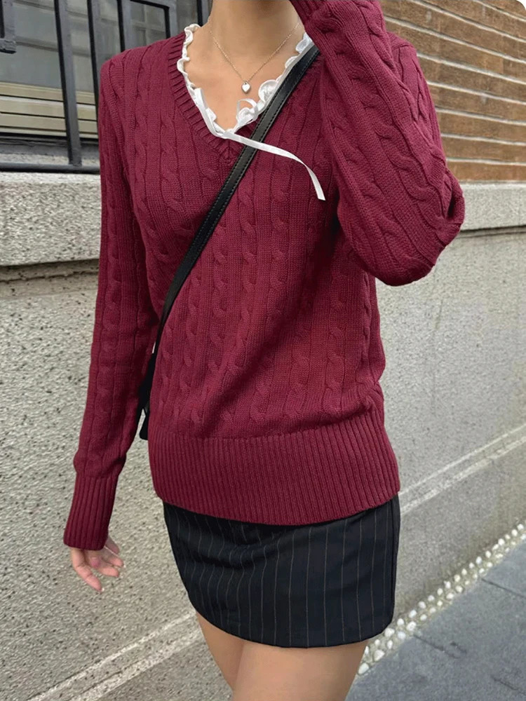 Solid Twisted Flower Knitted Sweater For Women Autumn Winter Cotton V Neck Slim Pullovers Tops Sweet Preppy Style Jumper Y2k 240812