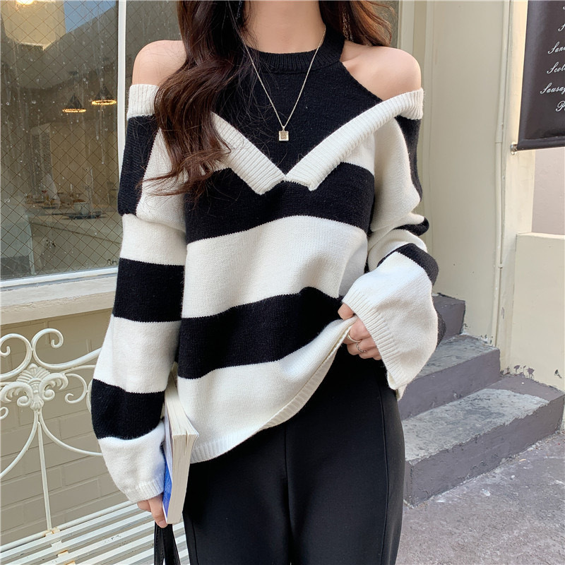 Striped soft sticky for women with a niche design, autumn and winter new loose off shoulder knitted sweater dongdumaoyi