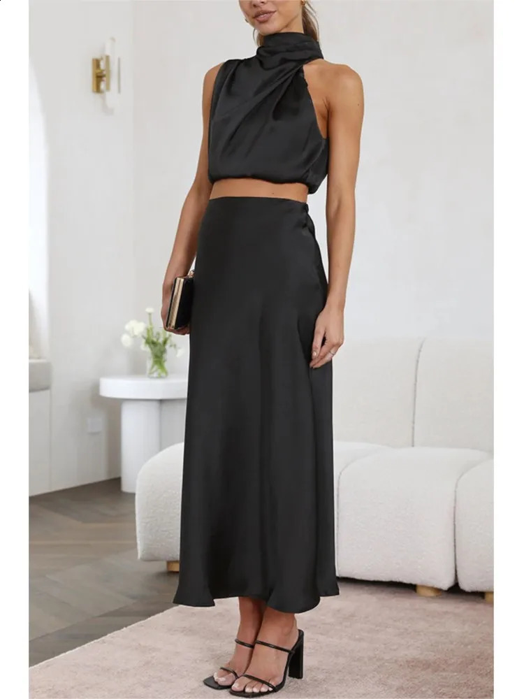 Two Piece Set For Women Satin Midi Long Skirts Sleeveless Off Shoulder Solid Color Sexy Cropped Top A-line Skirt Set 2 Piece 240810 - view 4