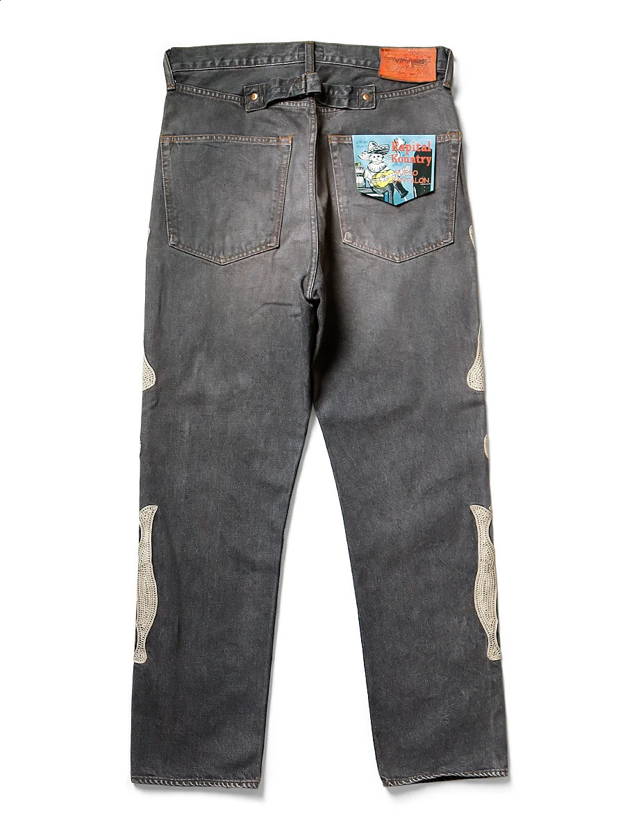 Trendy Harajuku Street Y2K Bone Embroidered Jeans Mens Loose Straight Pants Washed Gray Summer Hiphop Trousers 240810