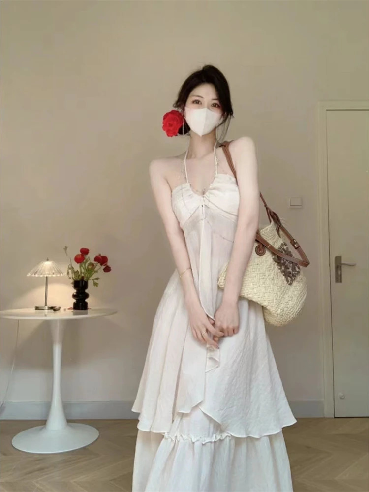 White 2 Piece Dress Sets Summer French Romance Elegant Halter Blouse Sweet Skirts Fairy Style Beach Party Aesthetic 240810