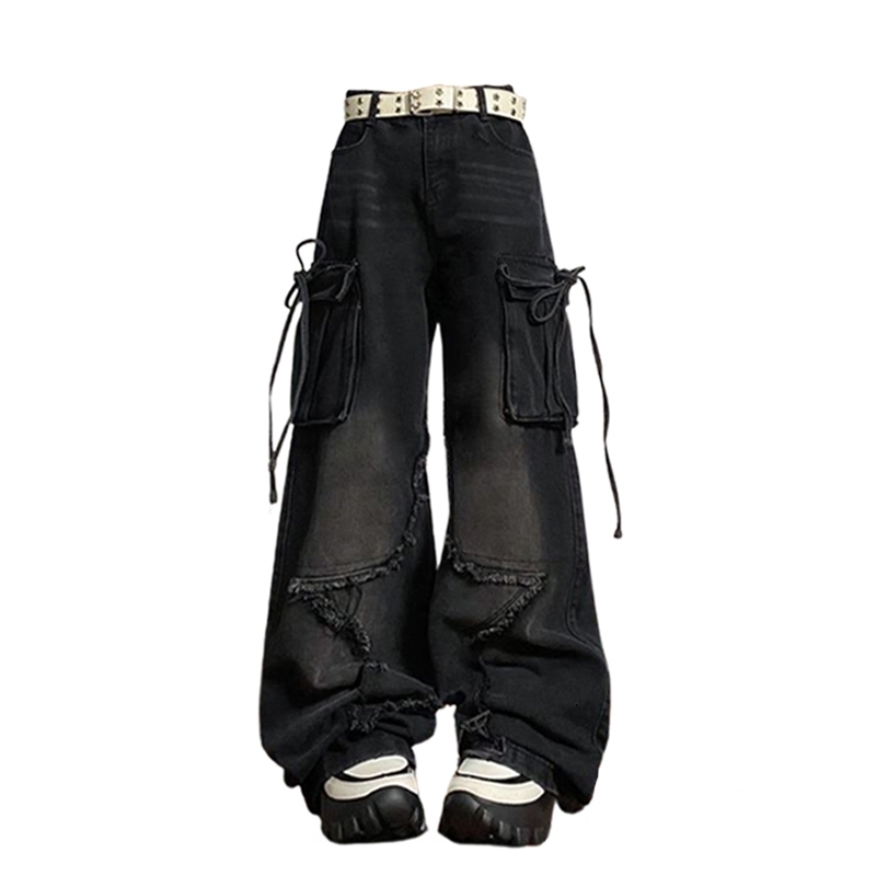 Womens Black Gothic Baggy Cargo Jeans with Star Haruku Y2k 90s Aesthetic Denim Trousers Emo 2000s Jean Pants Vintage Clothes 240806CJ