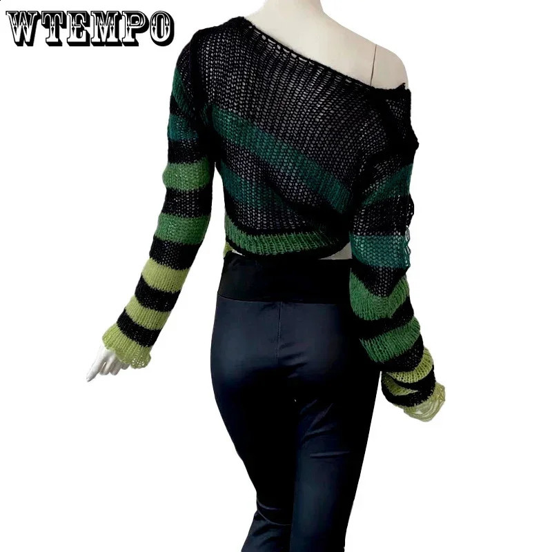 Goth Y2K Striped Sweater Ripped Punk Gothic Sweaters for Women Harajuku Aesthetic Halloween Pullover Tops 240812