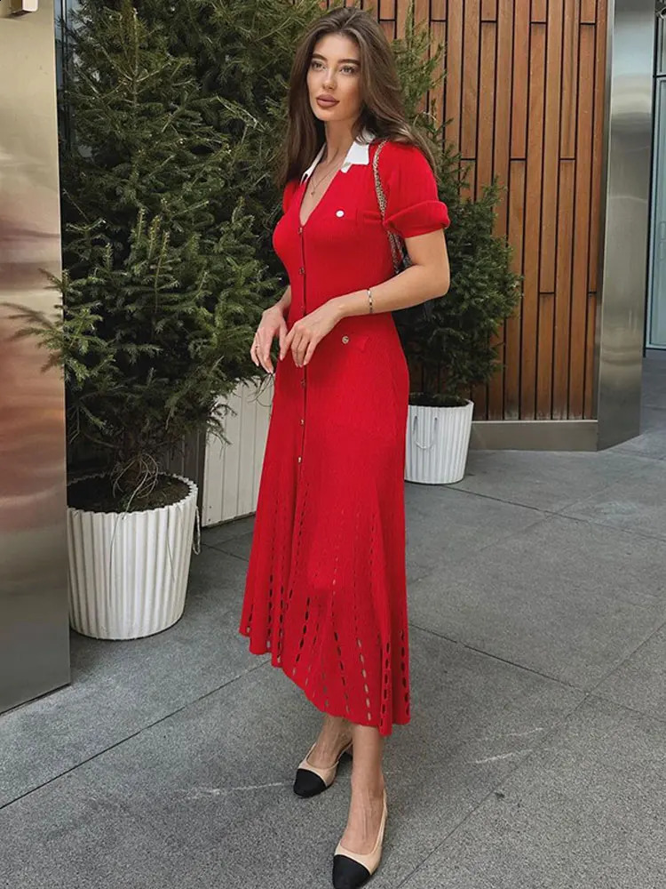 Contrast Single Breasted Knitted Dress For Women Elegant Lapel Short Sleeve Hollow Out Dresses Chic Female High Street Vestidos 240816
