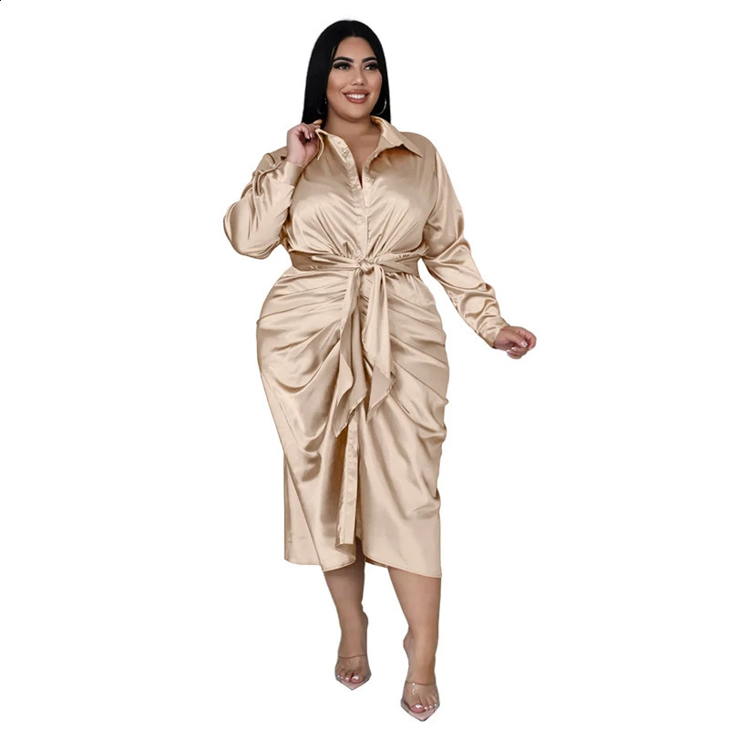 Shirt Women With Lace Up Long Sleeve Clothing Plus Midi Dress Sexy Satin Dresses Big Size Wholesale Drop 240810