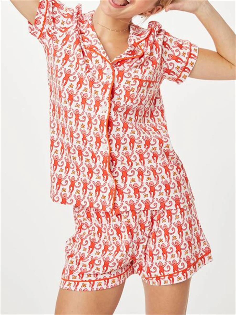 Women Cute Roller Rabbit Pajamas Y2k Monkey Preppy Print 2 Piece Pajamas Set Short Sleeve Shirts Pj Shorts Set Loungewear 240810