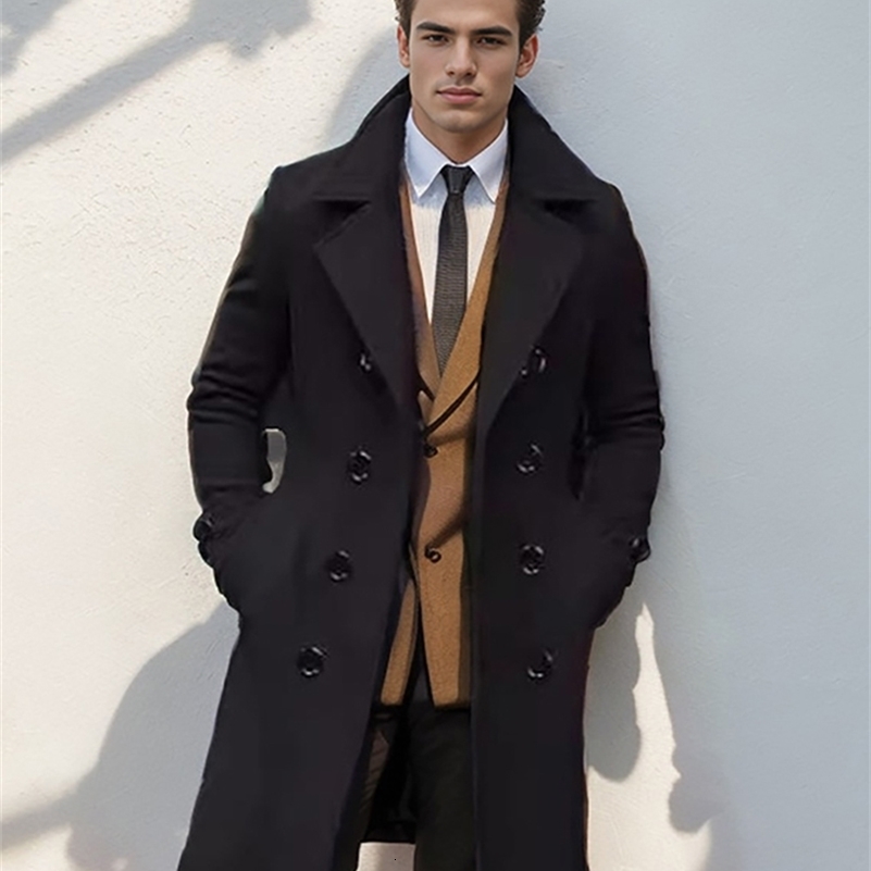 Autumn and winter mens woolen coat casual fashionable double breasted long y240814